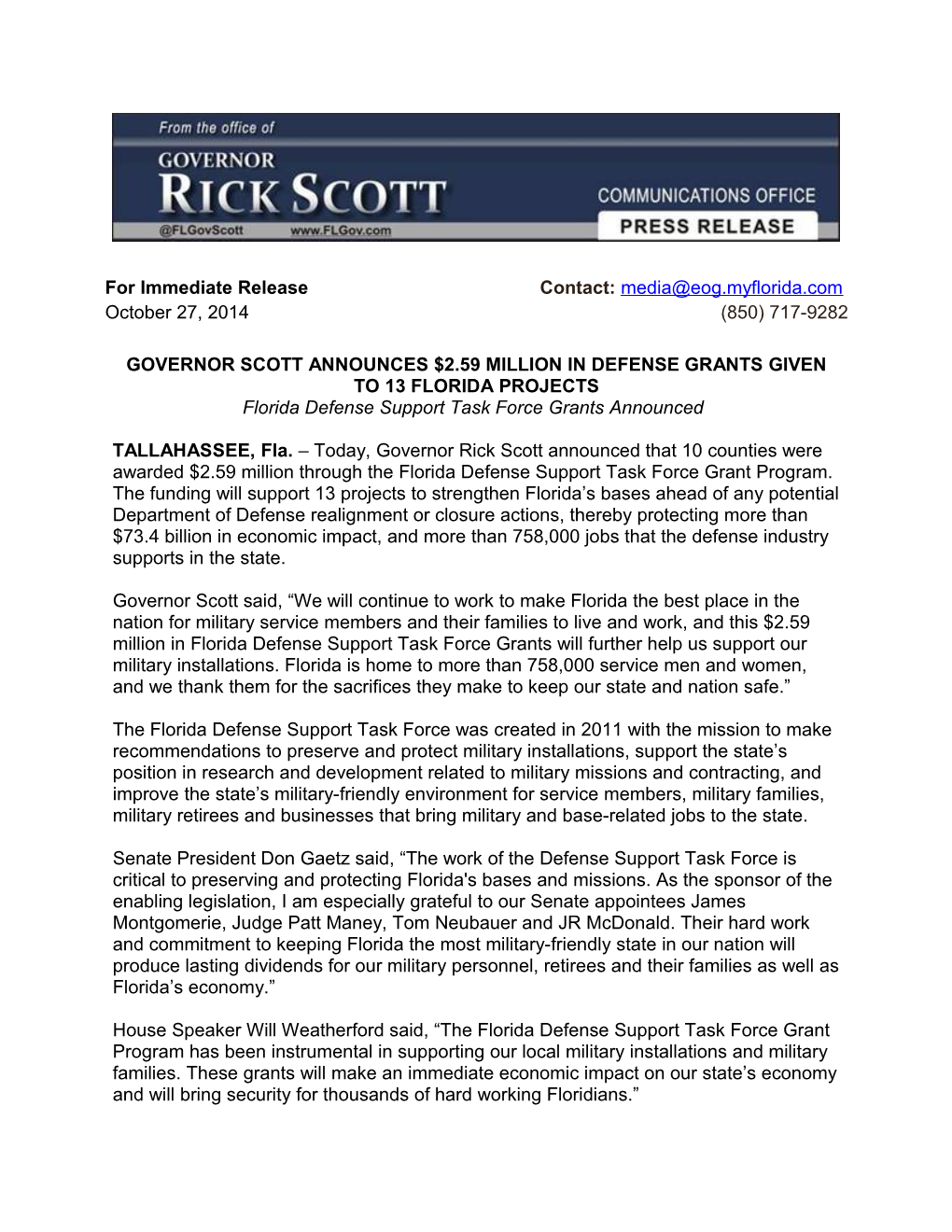 Governor Scott Announces $2.59 Million in Defense Grants Given to 13 Florida Projects