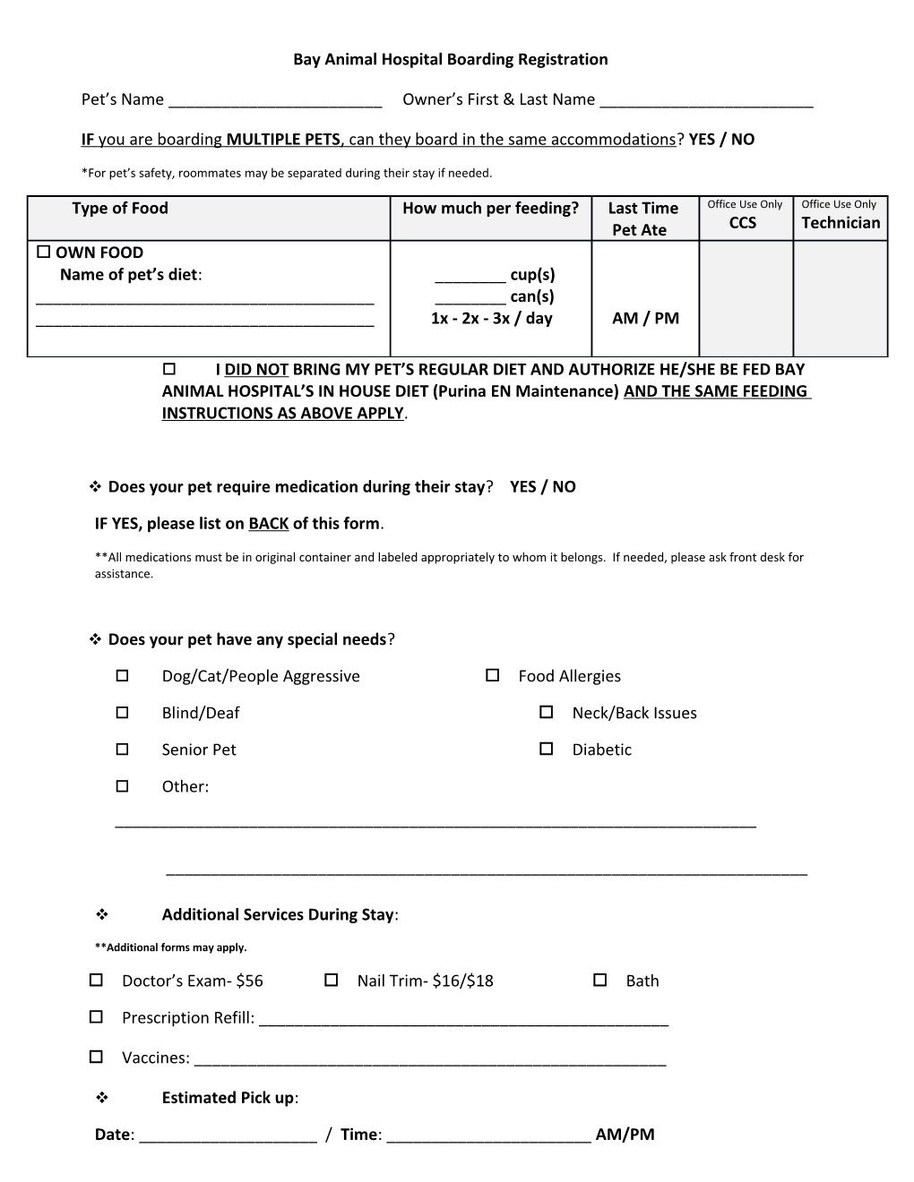 Bay Animal Hospital Boarding Registration