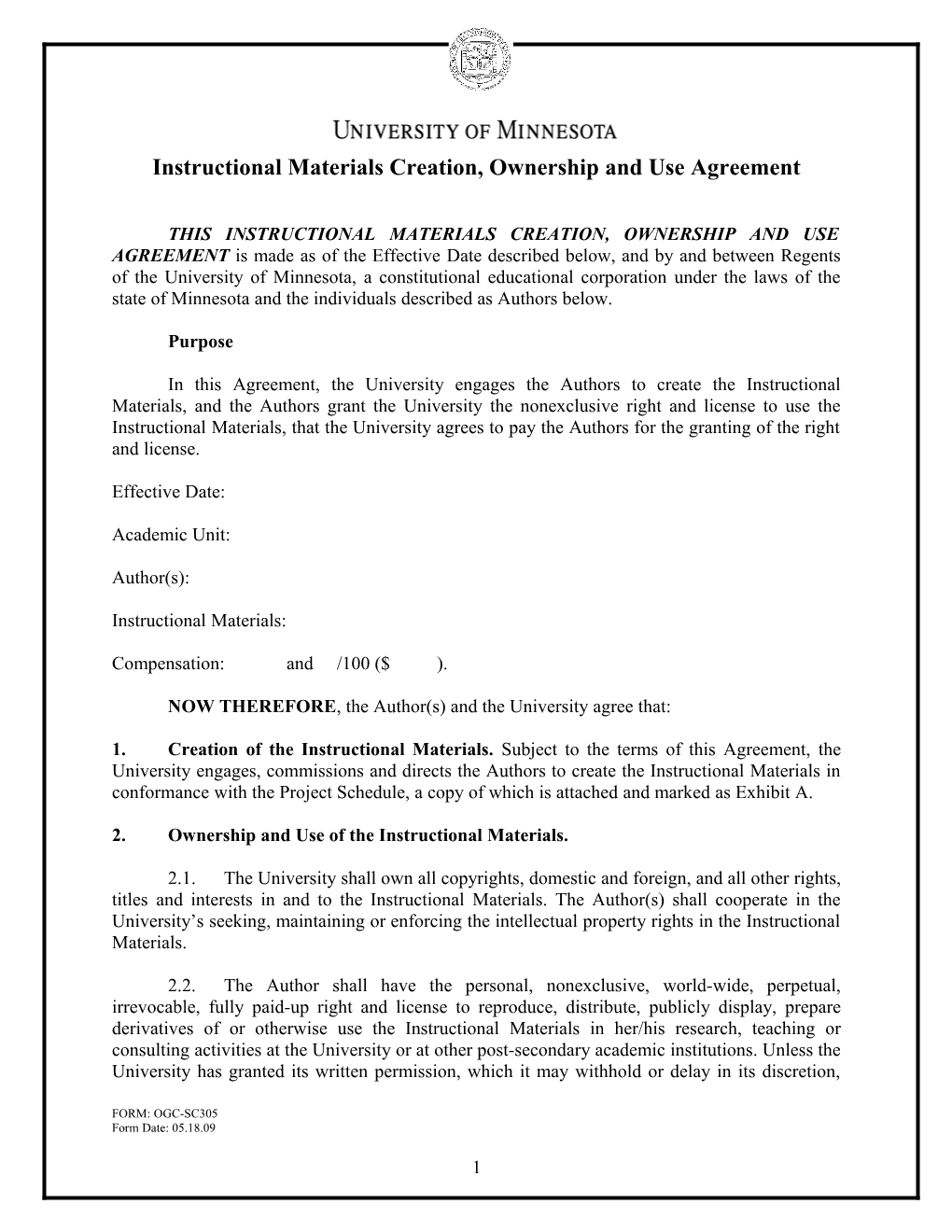 Instructional Materials Creation, Ownership and Use Agreement