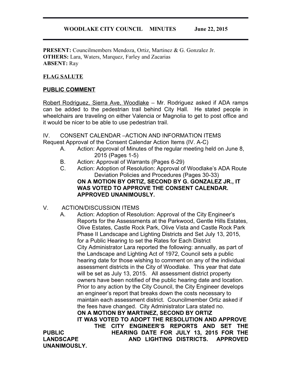 WOODLAKE CITY COUNCILMINUTES June 22, 2015