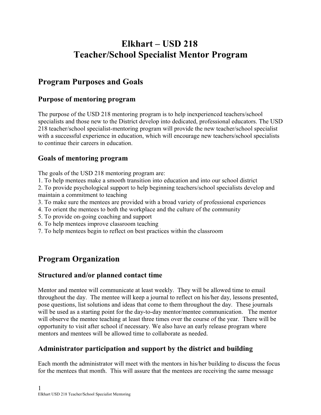 Teacher/School Specialistmentor Program