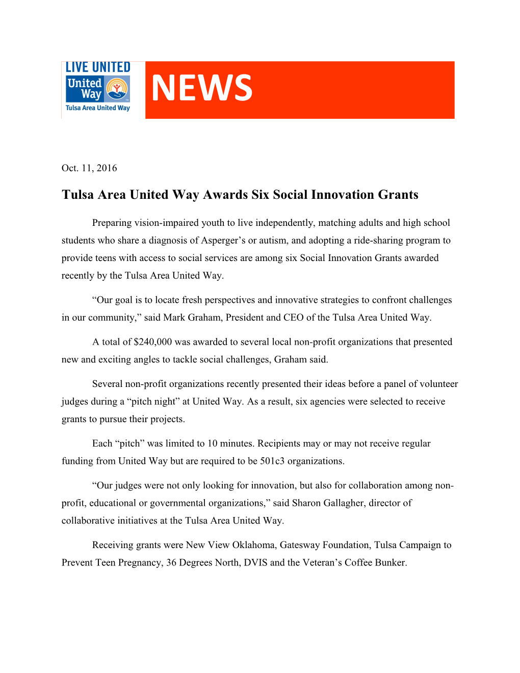Tulsa Area United Way Awards Six Social Innovation Grants