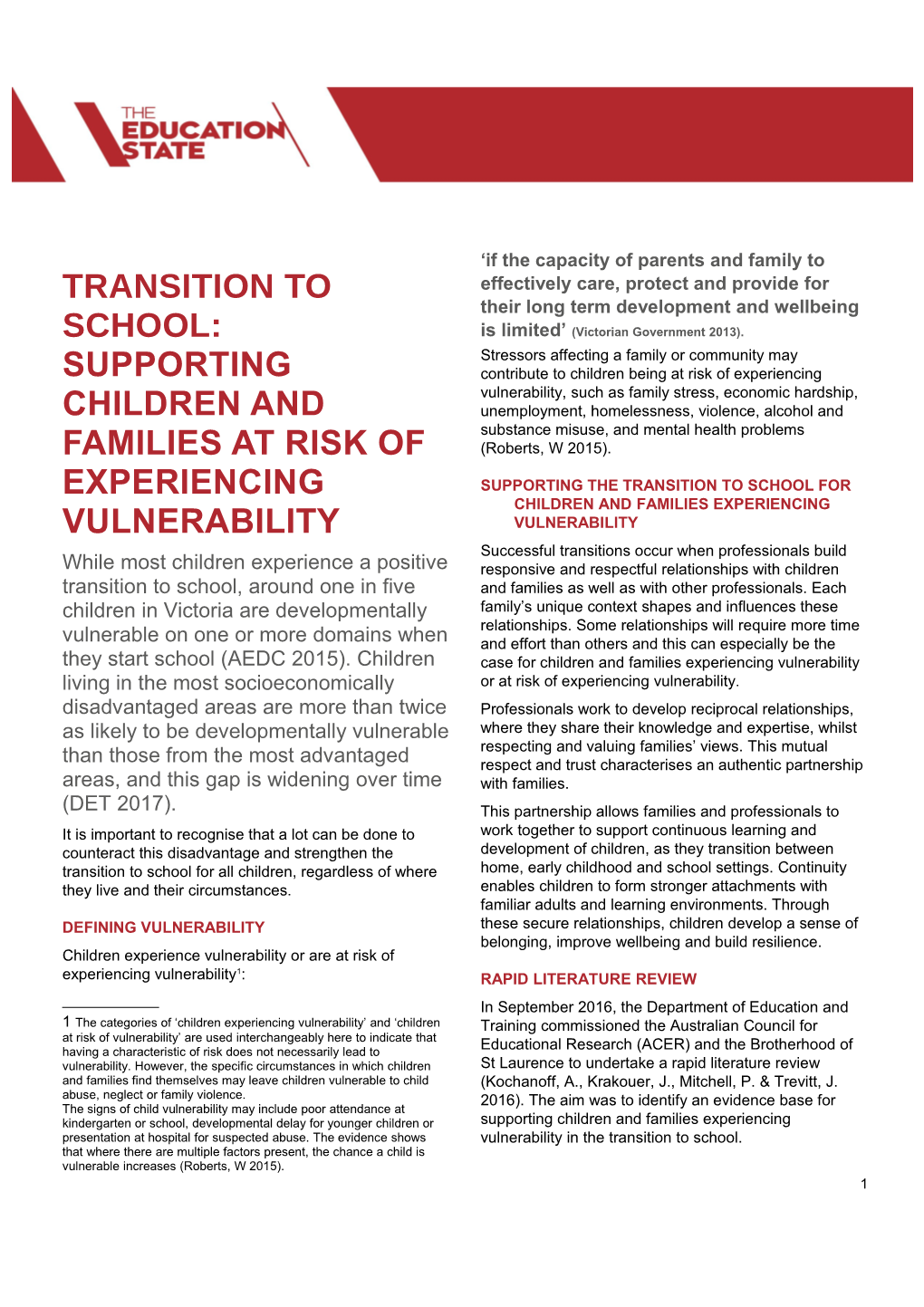 TRANSITION to School: Supporting Children and Families at Risk of Experiencing Vulnerability