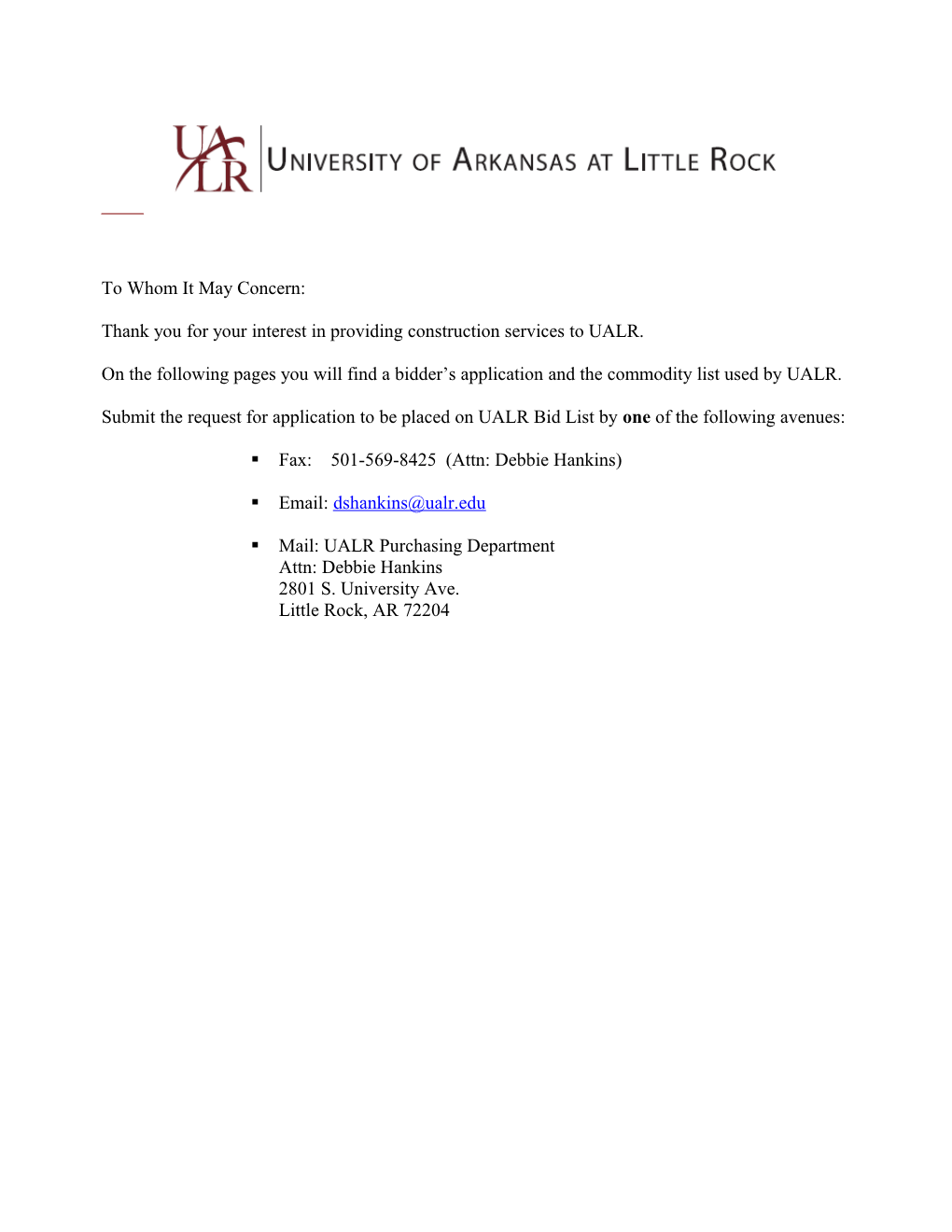 Thank You for Your Interest in Providing Construction Services to UALR