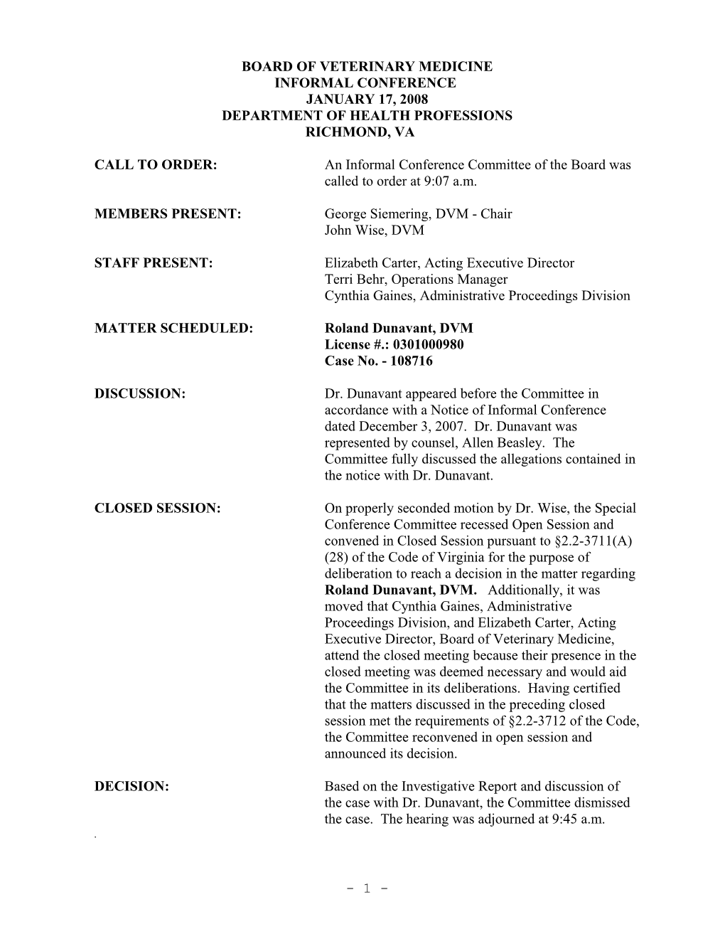 Board of Veterinary Medicine - Informal Conference Minutes - January 17, 2008