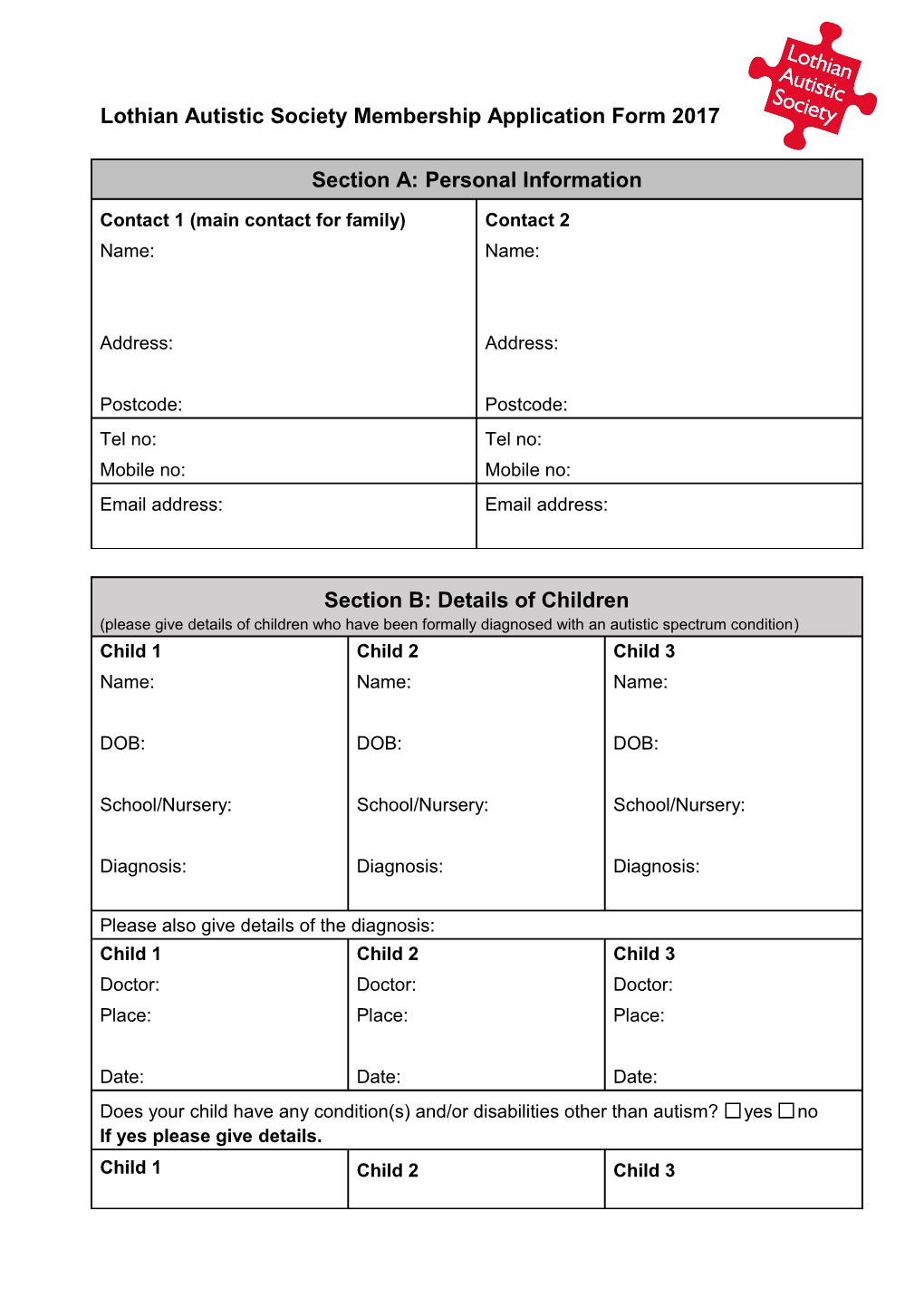 Lothian Autistic Societymembership Application Form 2017