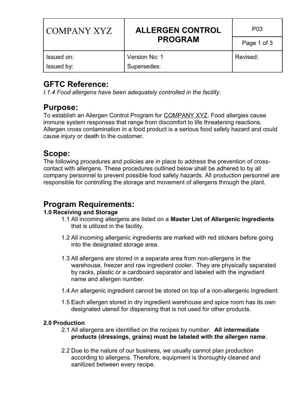 I.1.4 Food Allergens Have Been Adequately Controlled in the Facility