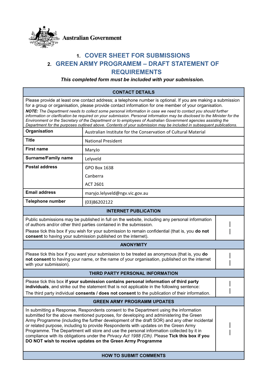 Coversheet for Submissions - Green Army