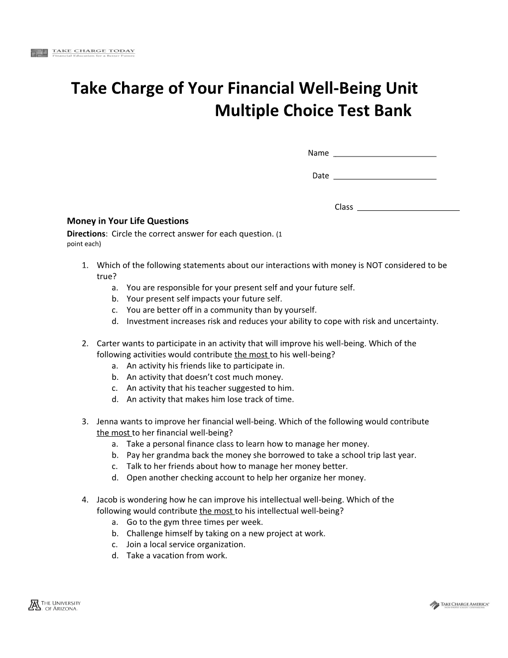 Taking Charge of Your Financial Well-Being Unit Multiple Choice Test Bank 2.1.0.M1