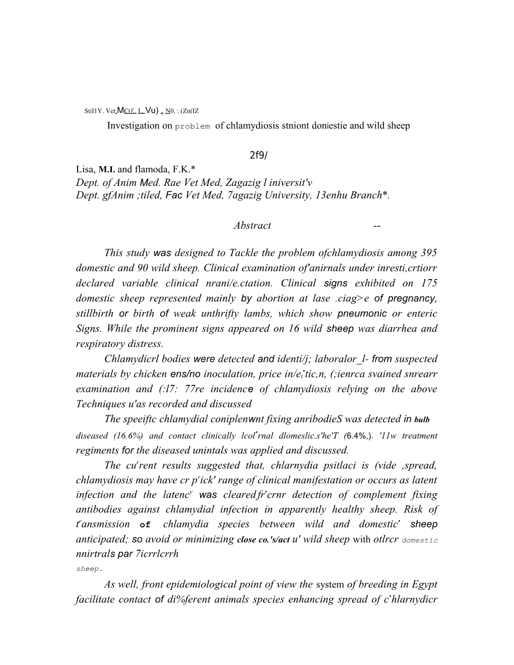 Investigation on Problem of Chlamydiosis Stniont Doniestie and Wild Sheep