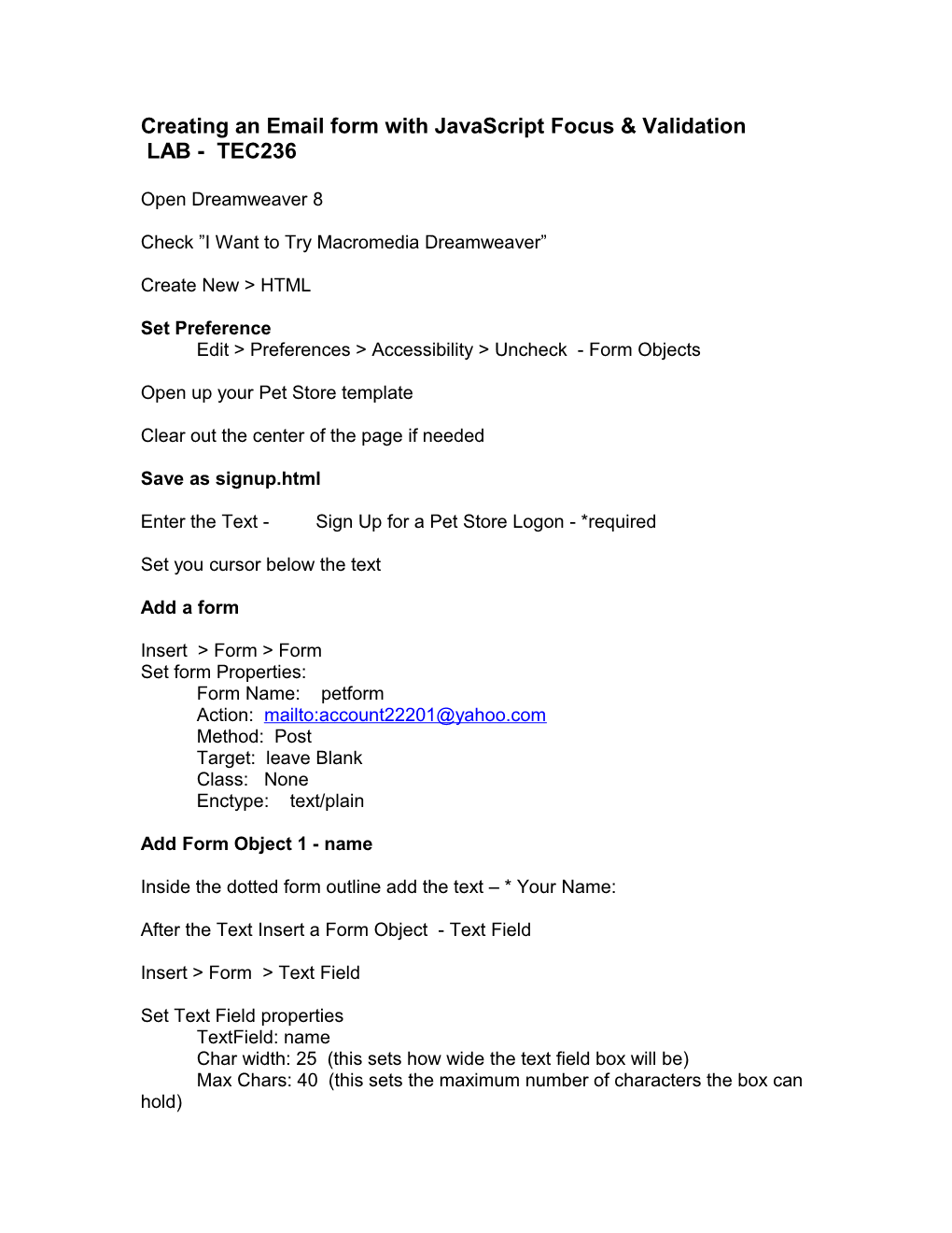 Creating an Email Form with Javcascript Valadation - LAB - TEC236