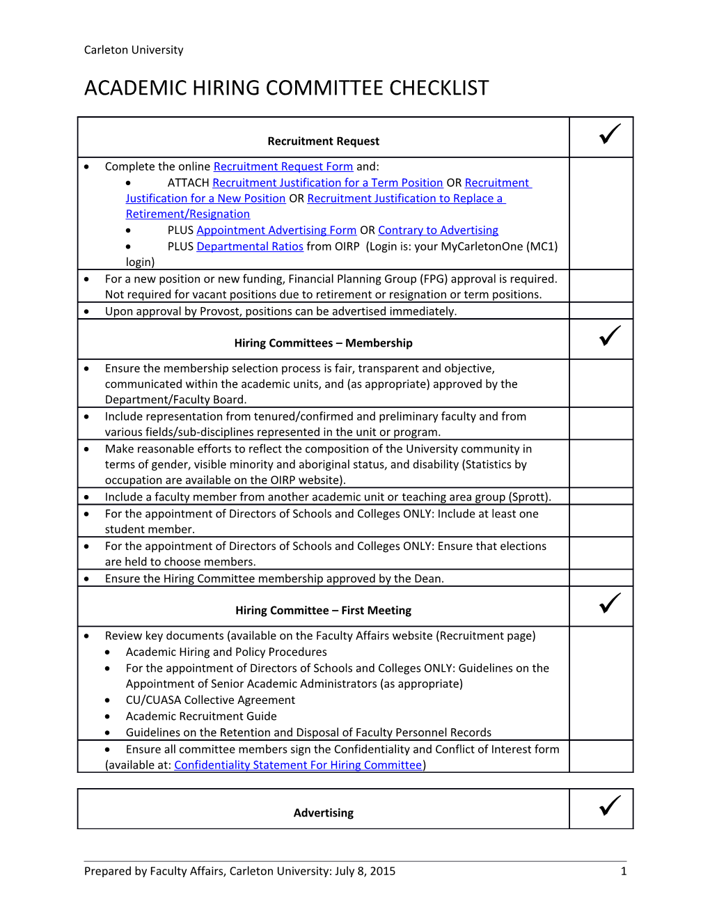 Academic Hiring Committee Checklist