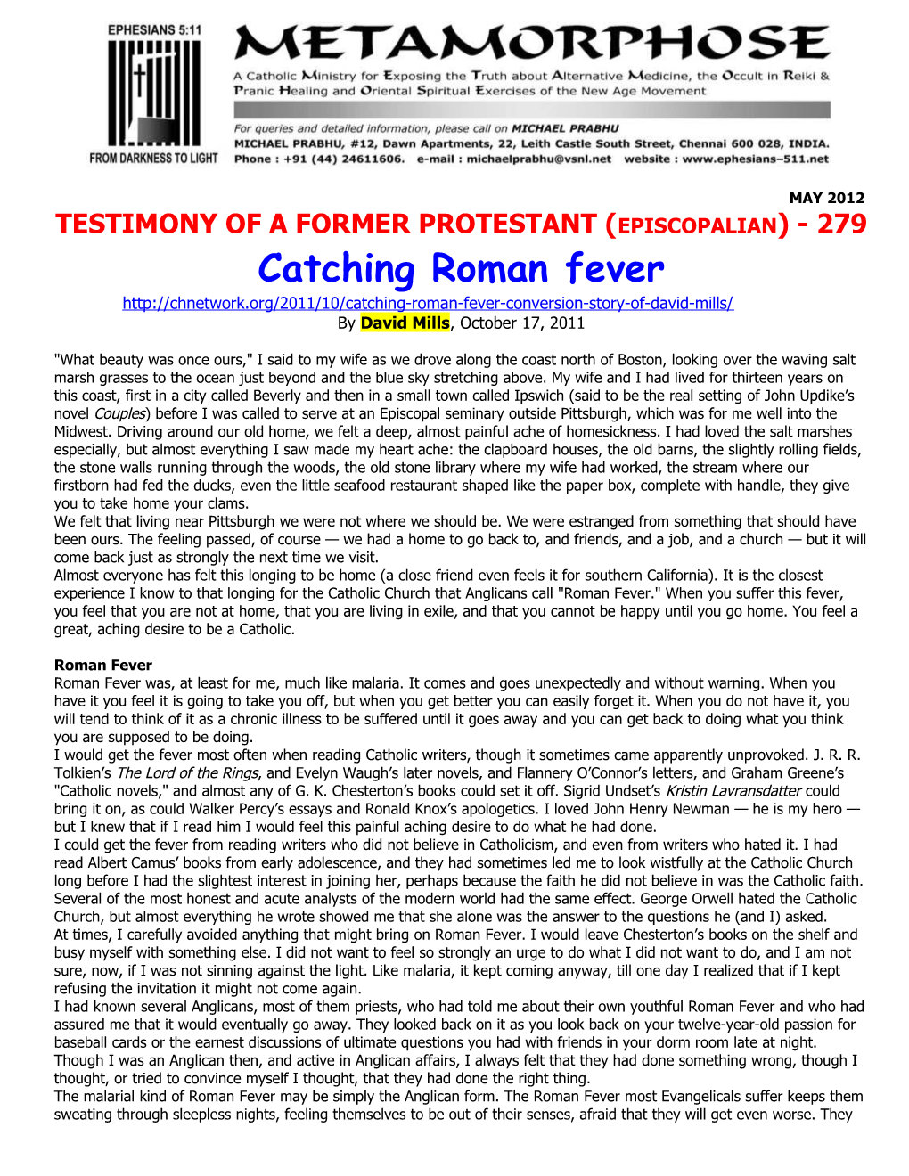 Testimony of a Former Protestant (Episcopalian) - 279