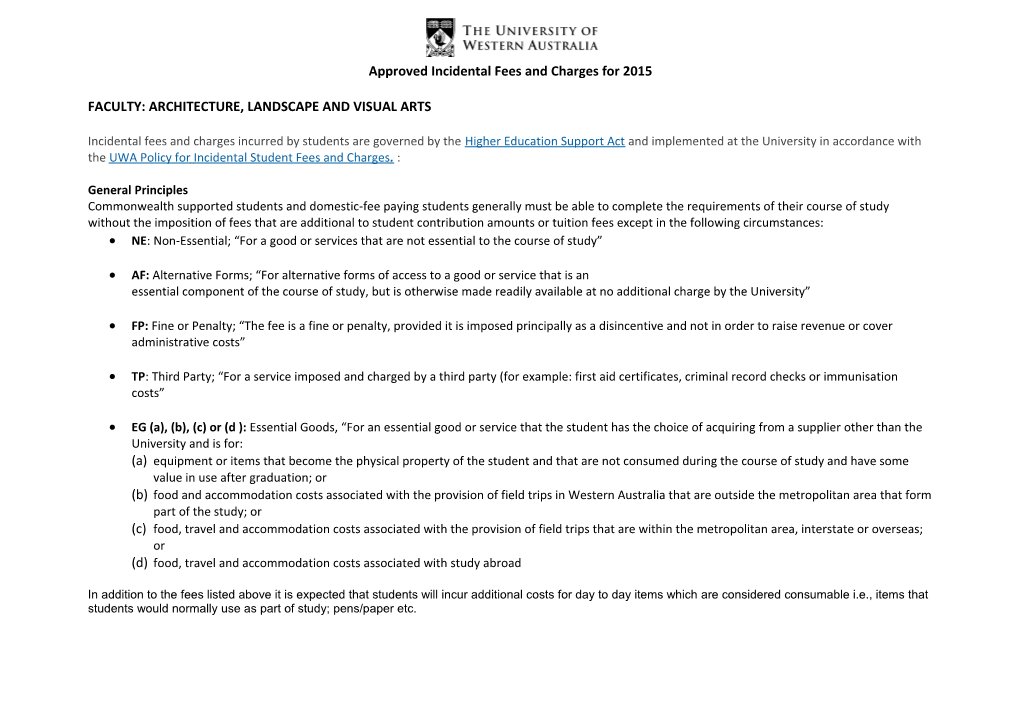 Approved Incidental Fees and Charges for 2015