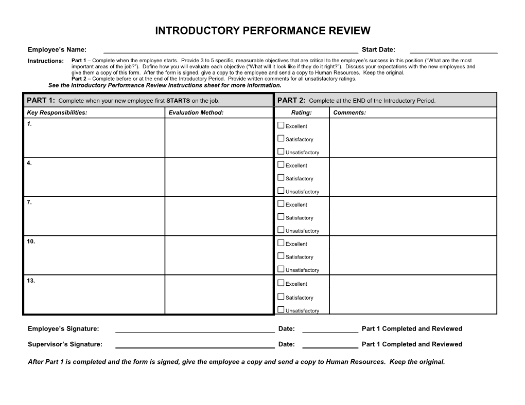 See the Introductory Performance Review Instructions Sheet for More Information