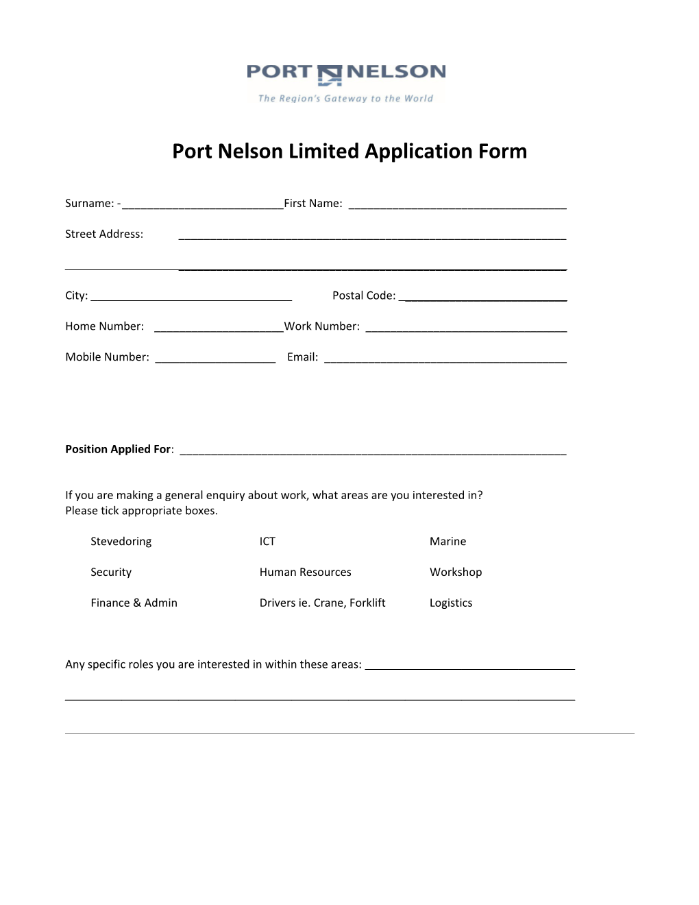 Port Nelson Limited Application Form