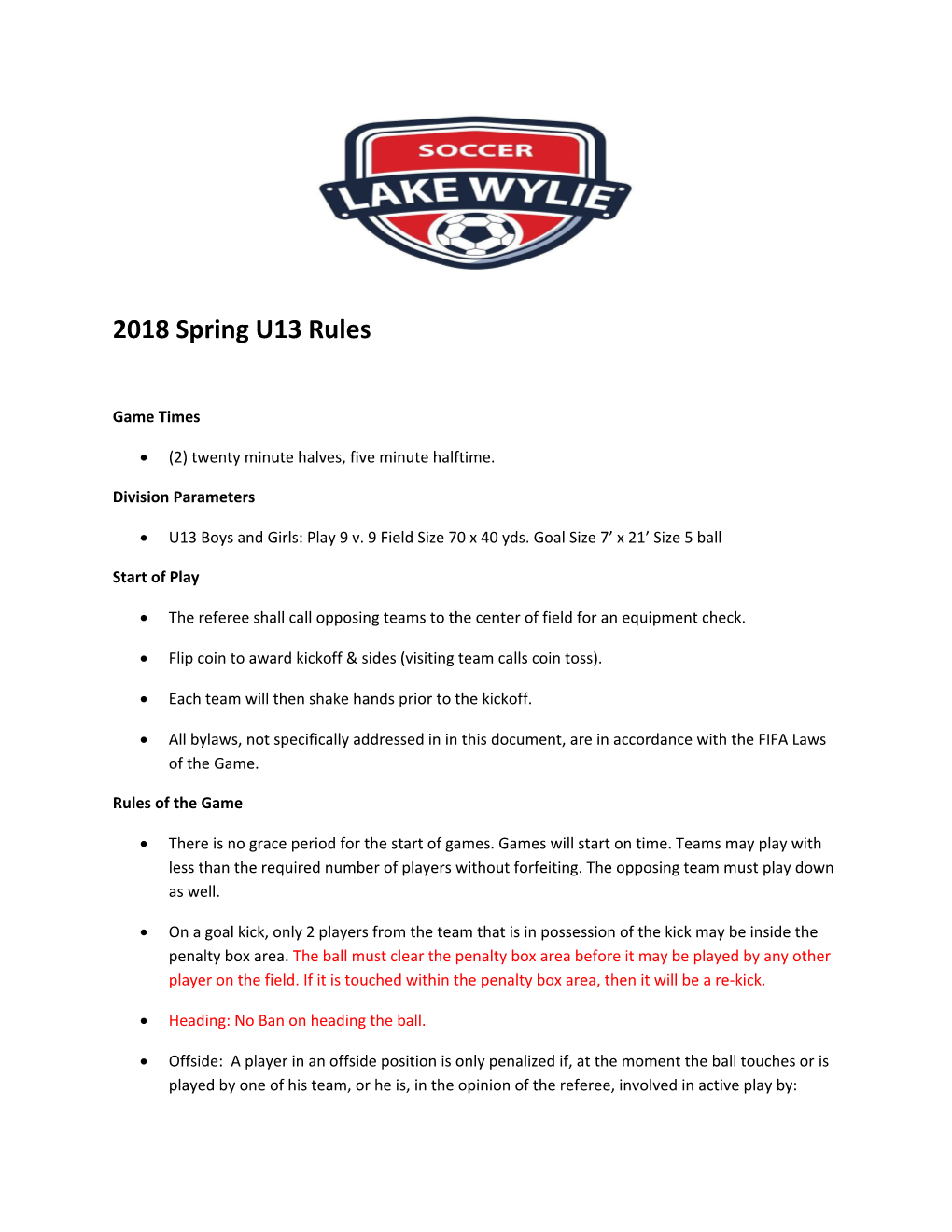 2018 Spring U13 Rules