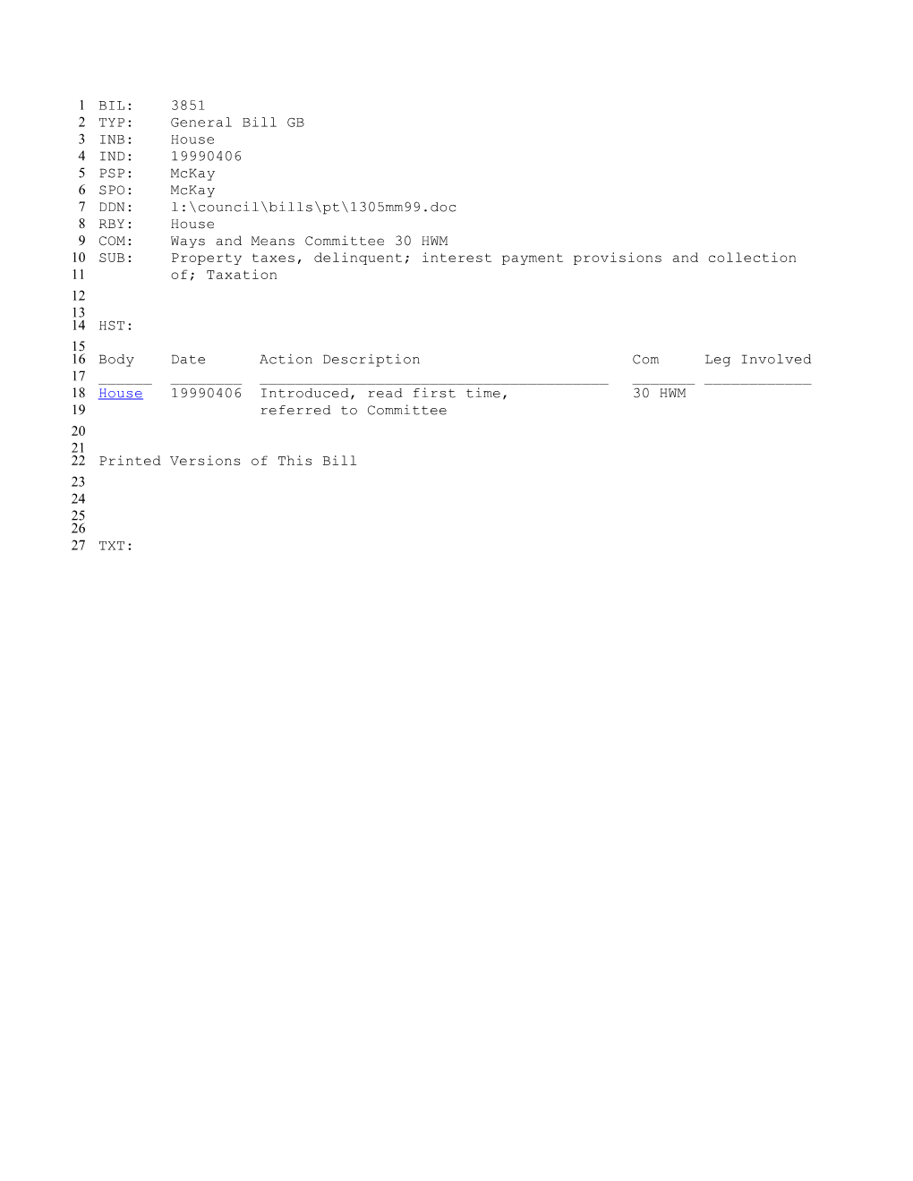 1999-2000 Bill 3851: Property Taxes, Delinquent; Interest Payment Provisions and Collection