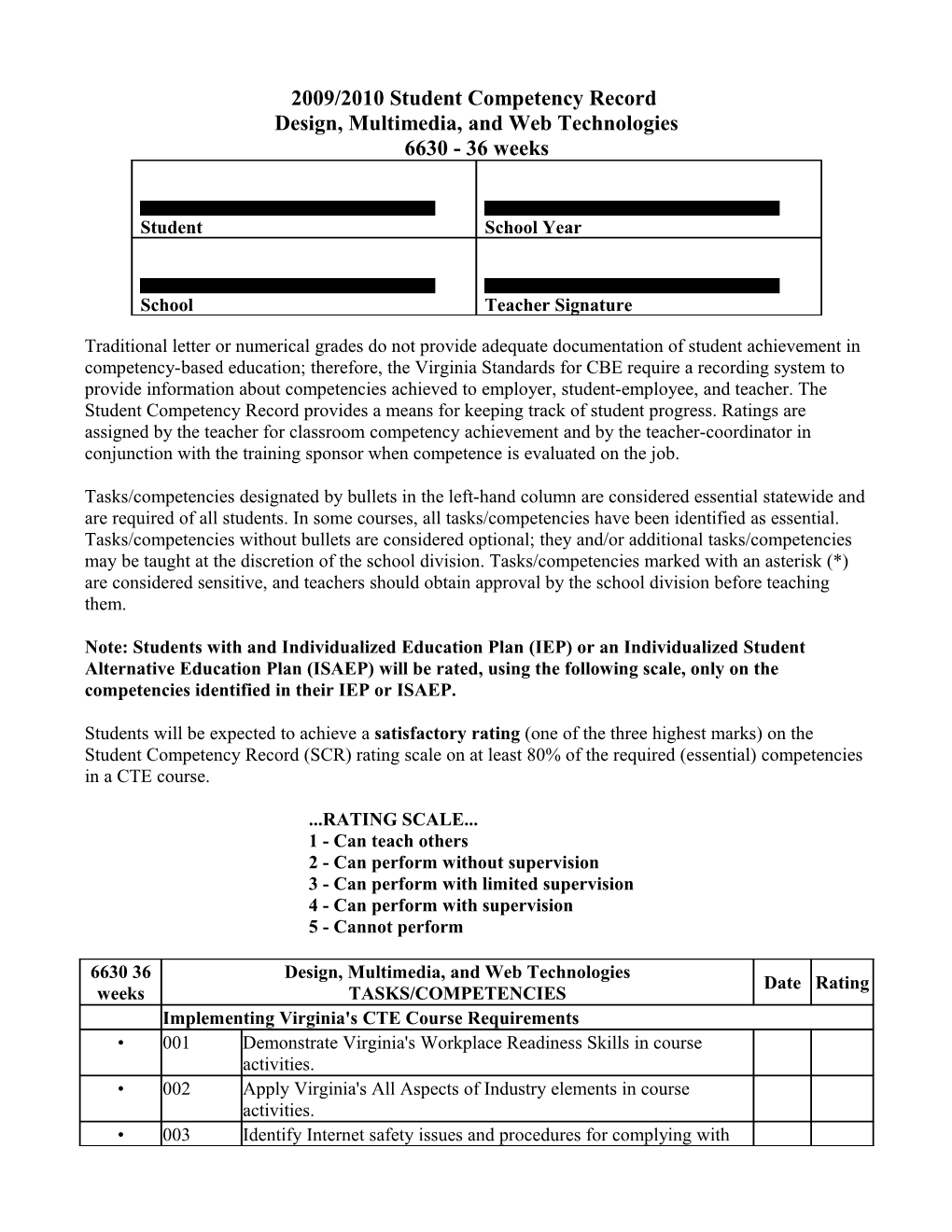 2009/2010 Student Competency Record