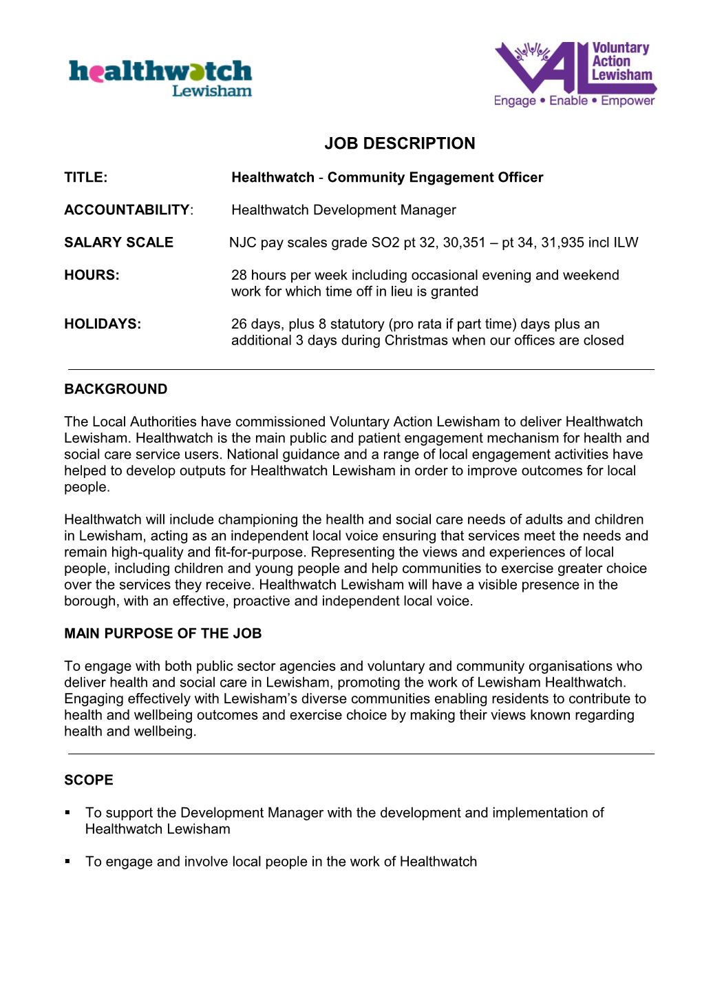 TITLE:Healthwatch - Community Engagement Officer