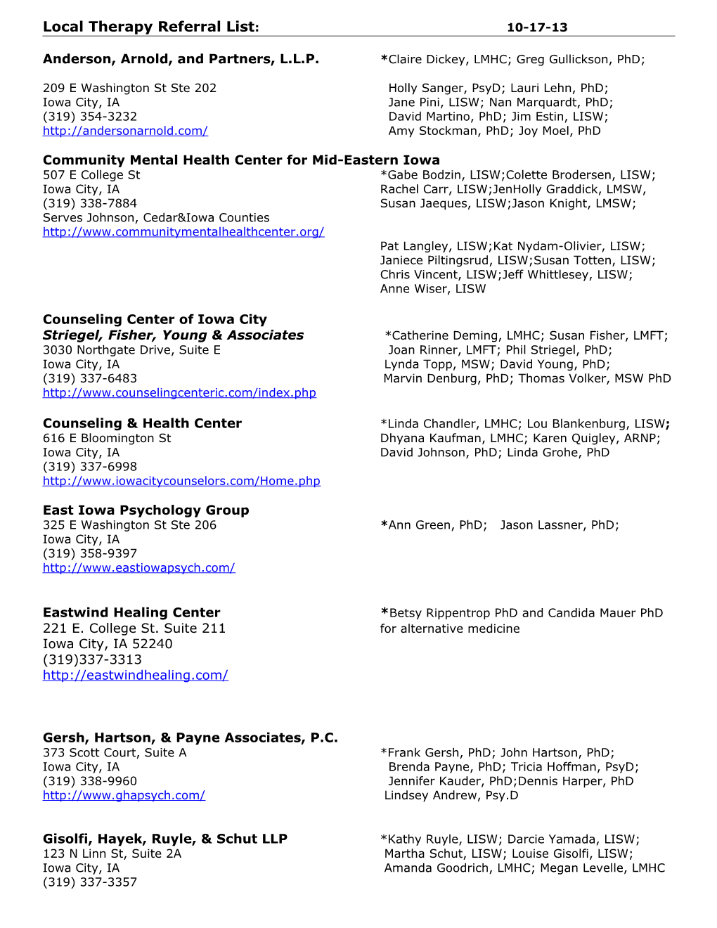 Local Therapy Referral List: 10-17-13