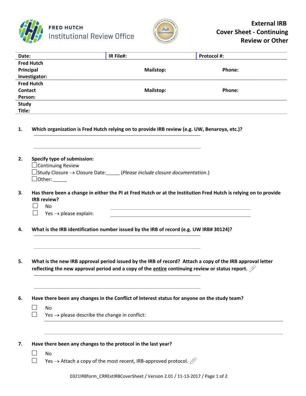 IRB Form External IRB Cover Sheet - Continuing Review Or Other