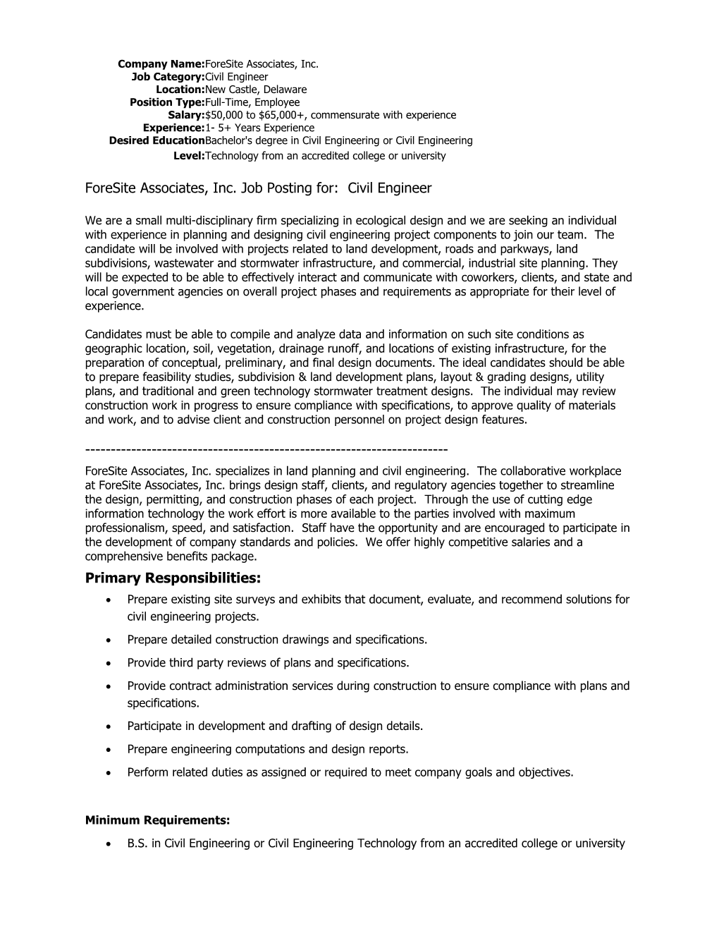 Foresite Associates, Inc. Job Posting For:Civil Engineer