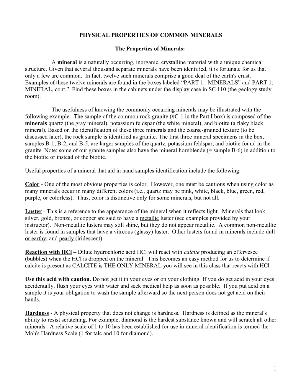 Physical Properties of Common Minerals