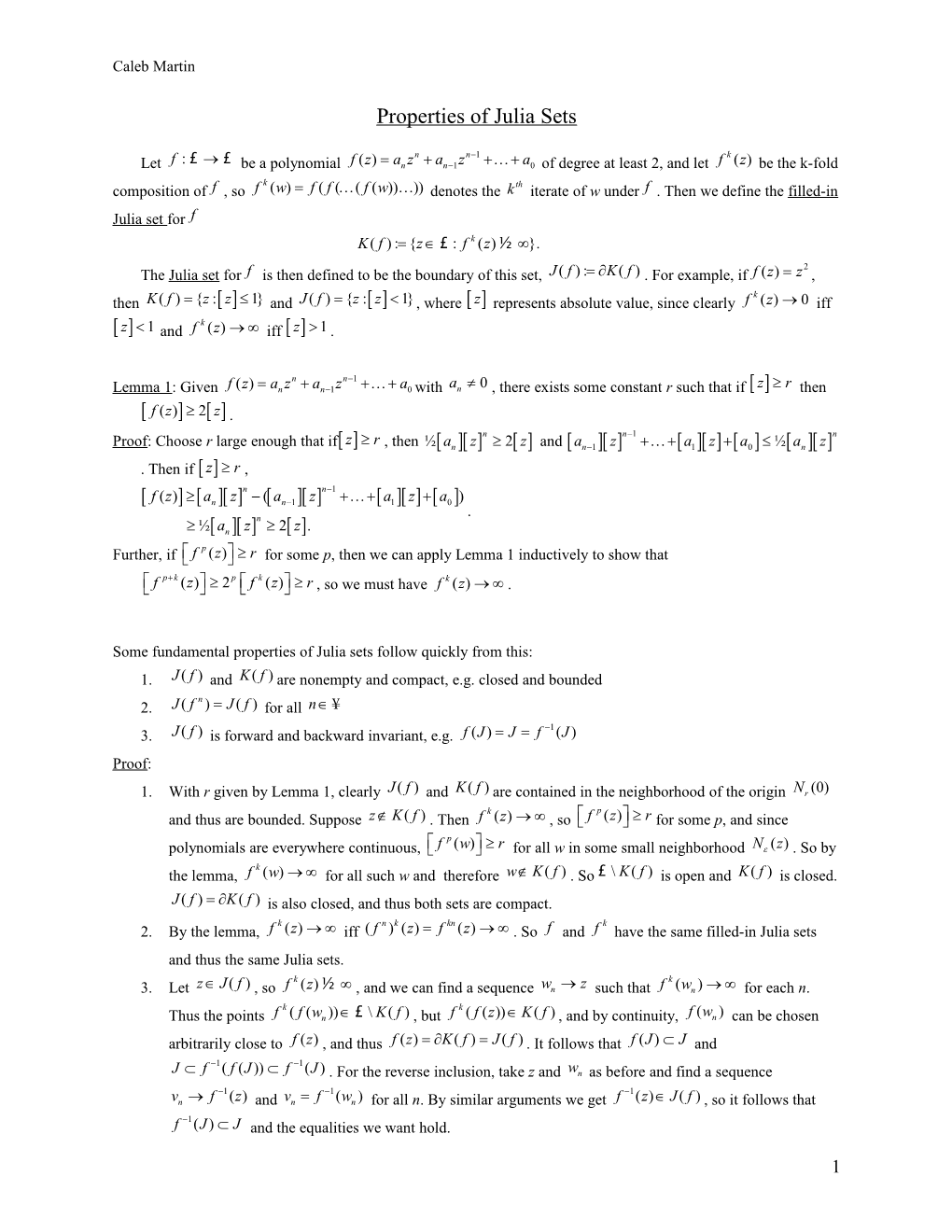 Properties of Julia Sets