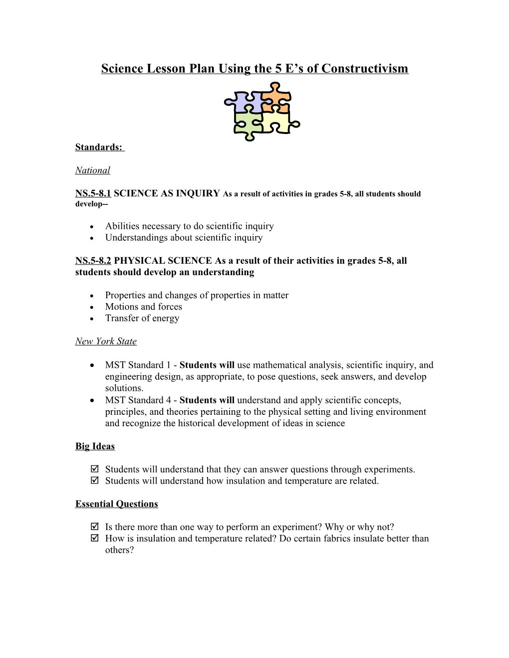 5 E Model Science Lesson