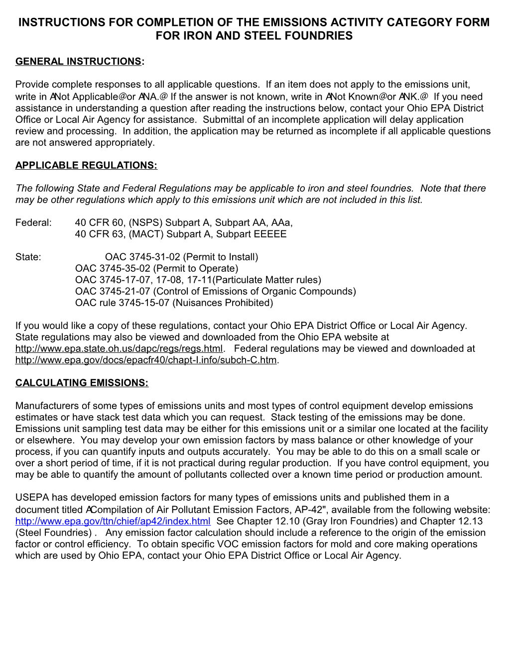 Instructions for Completion of the Emissions Activity Category Form for Iron and Steel Foundries