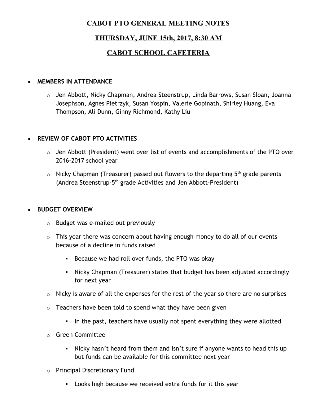 Cabot Pto General Meeting Notes