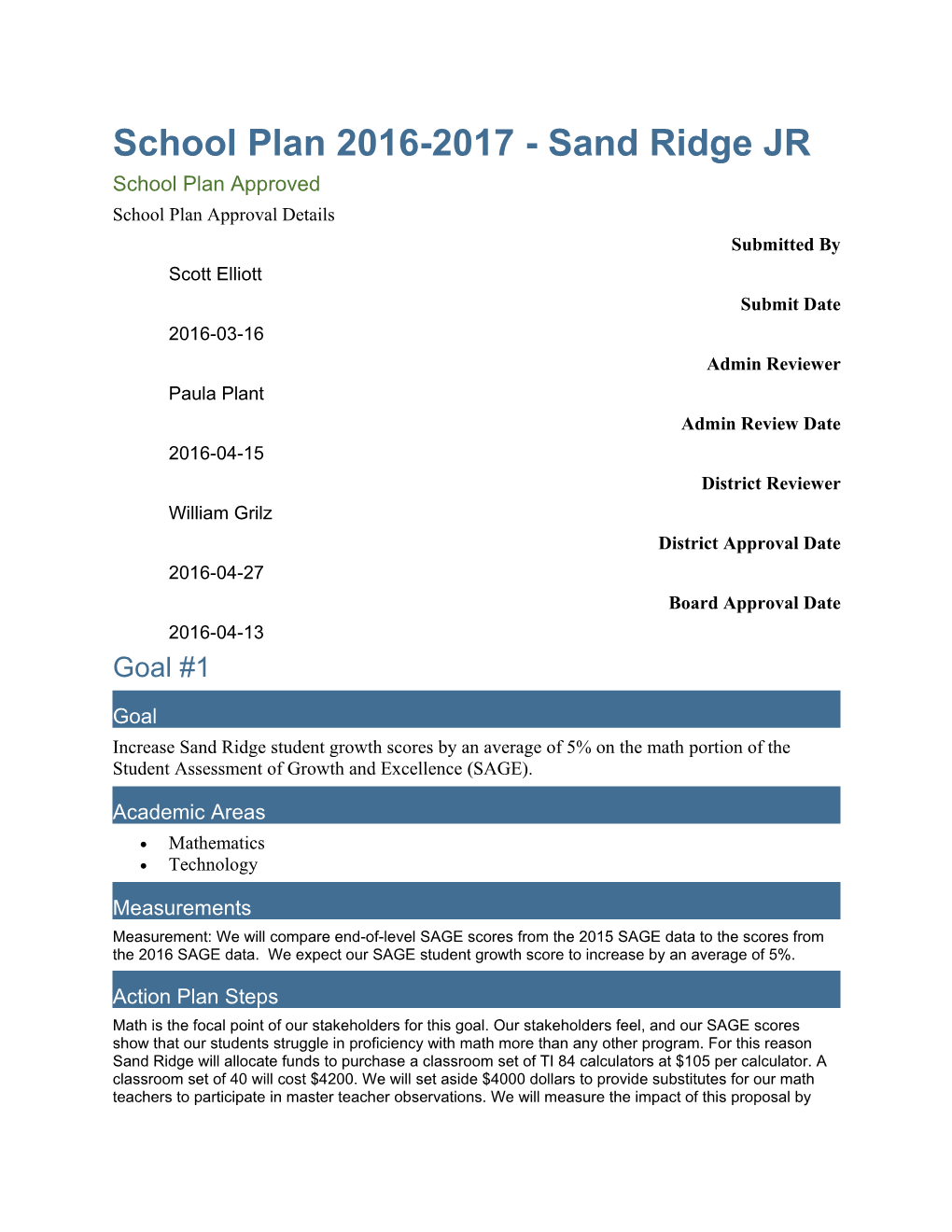 School Plan 2016-2017 - Sand Ridge JR