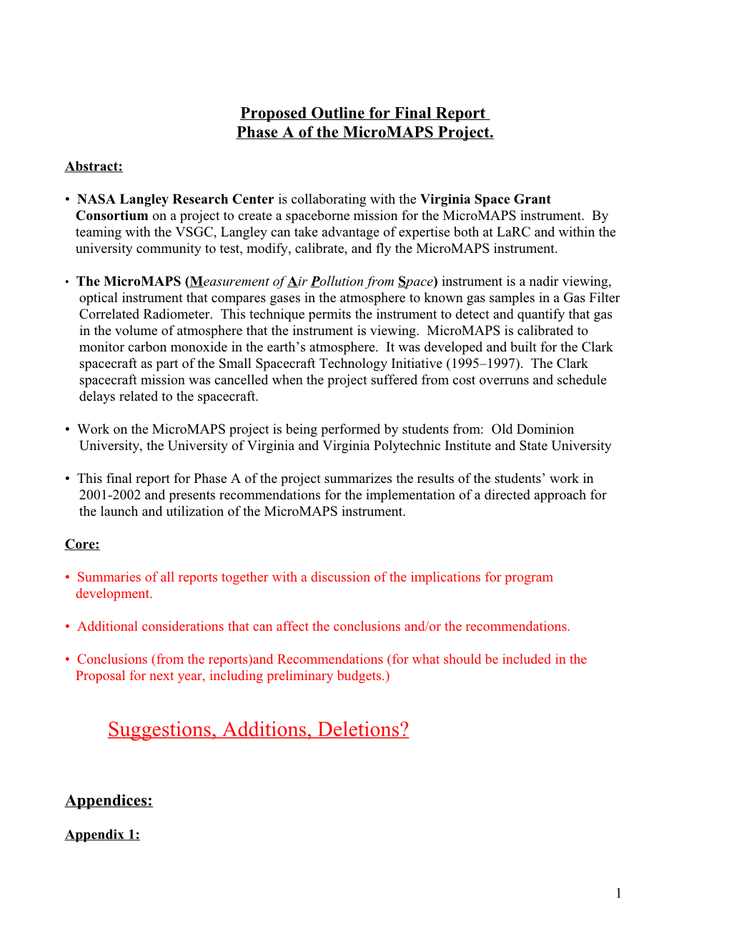 Outline for Final Report on Phase a of the Micromaps Project
