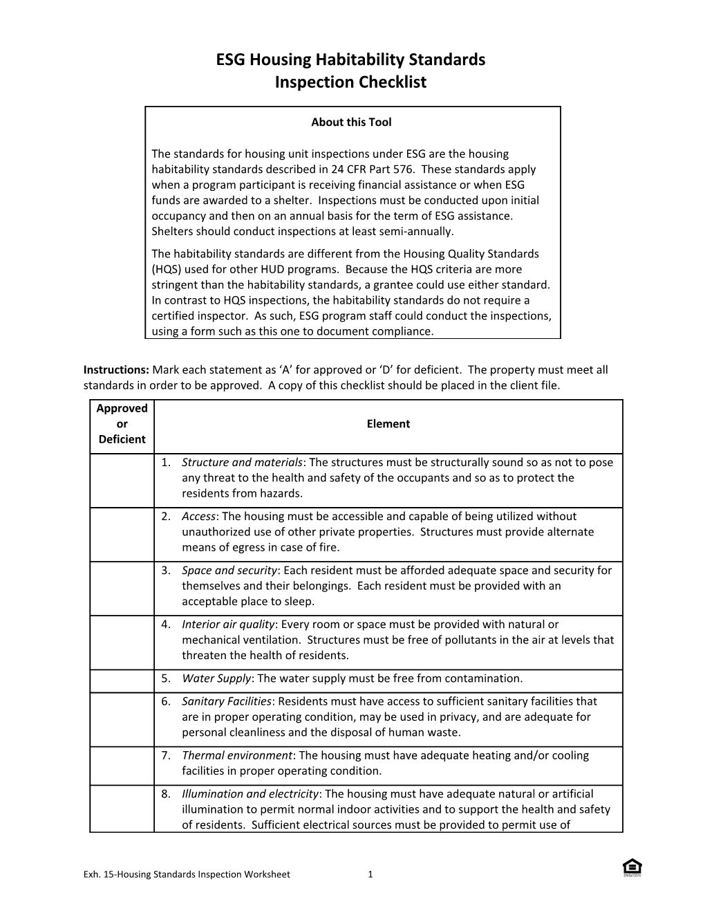 HPRP Housing Habitability Standards Inspection Checklist