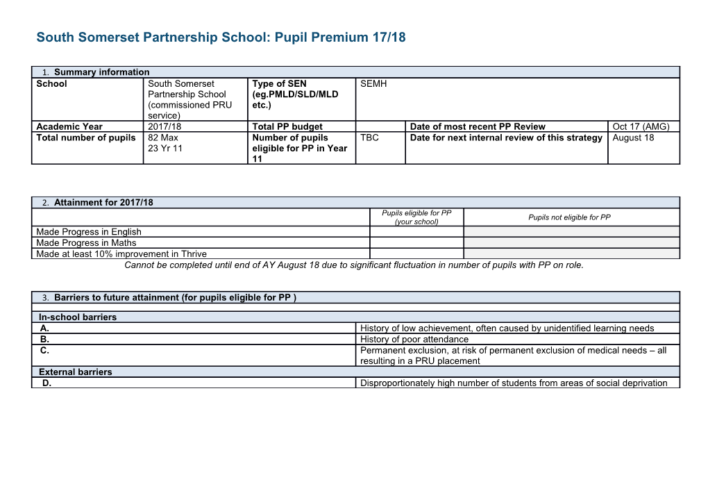 South Somerset Partnership School: Pupil Premium 17/18