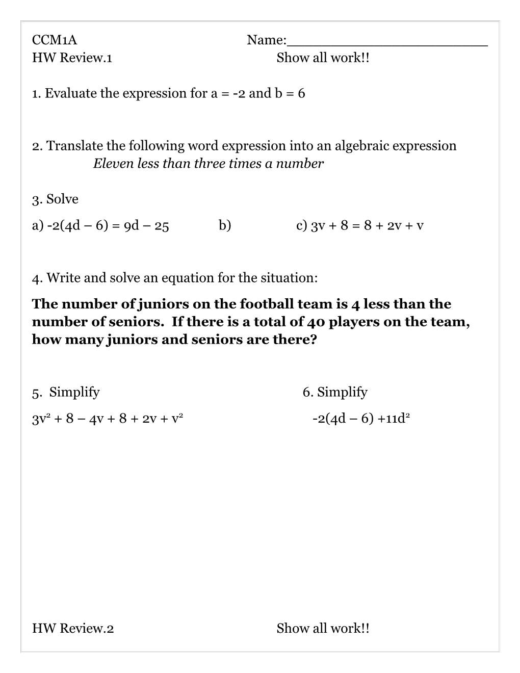 2. Translate the Following Word Expression Into an Algebraic Expression