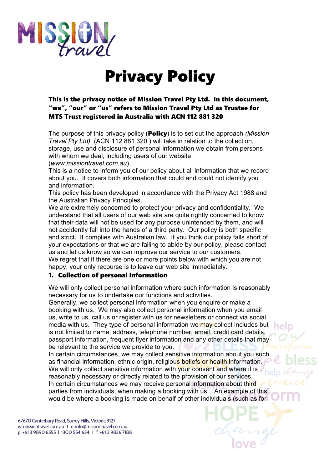 This Is the Privacy Notice of Mission Travel Pty Ltd. in This Document, We , Our Or Us