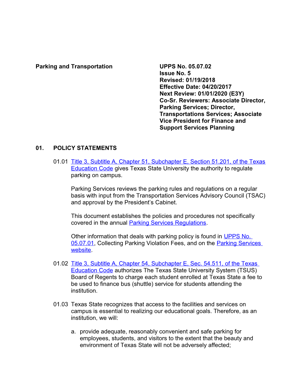 Parking and Transportationupps No. 05.07.02