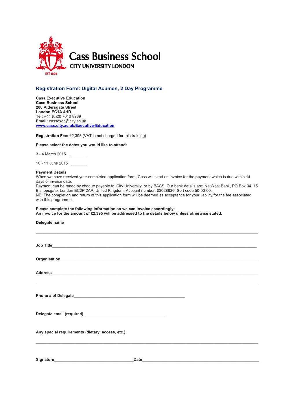 Registration Form: Digital Acumen, 2 Day Programme