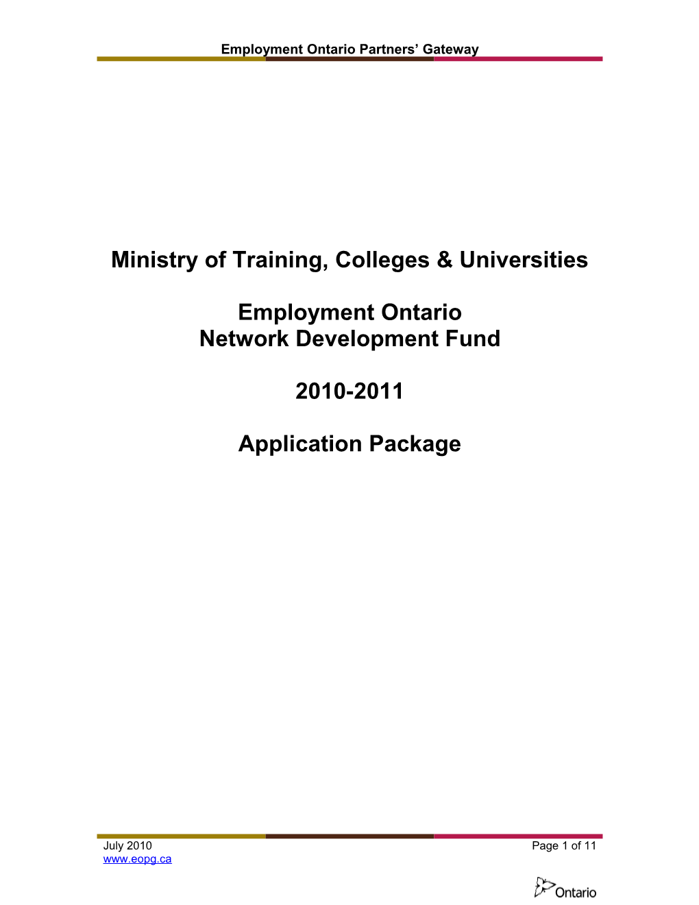 Employment Ontario Network Development Fund Application Package