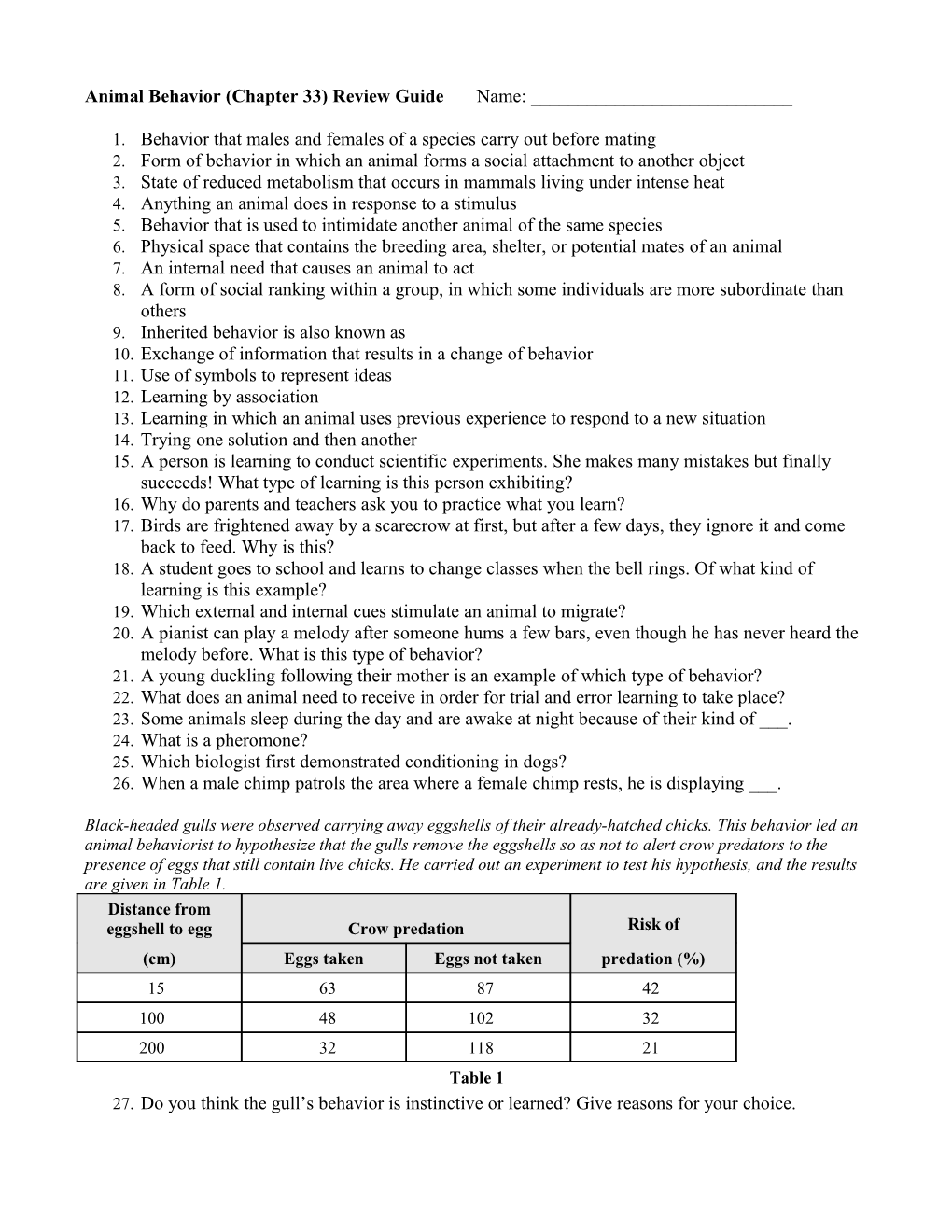 Animal Behavior (Chapter 33) Review Guide Name: ______