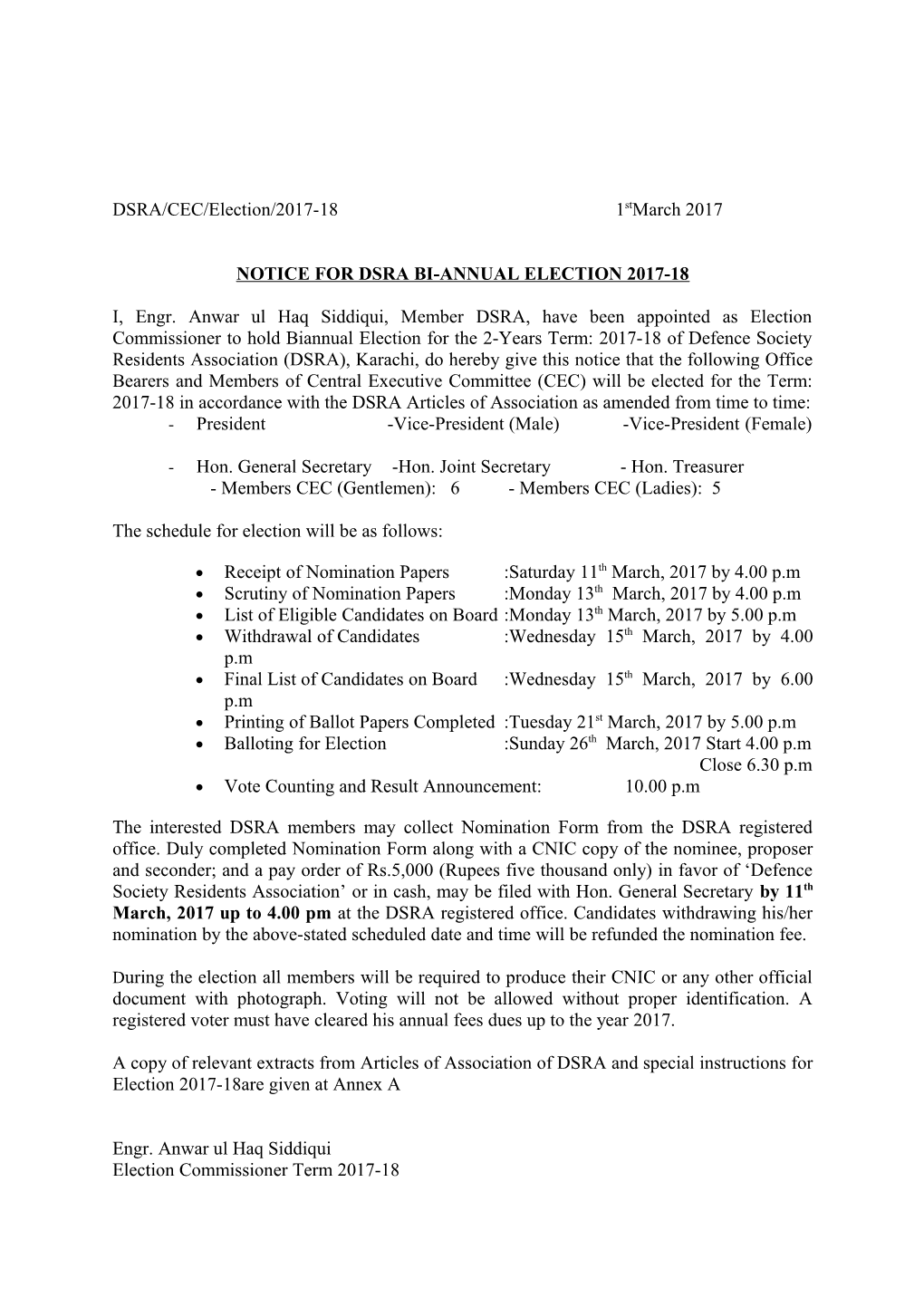 Notice for Dsra Bi-Annual Election 2017-18