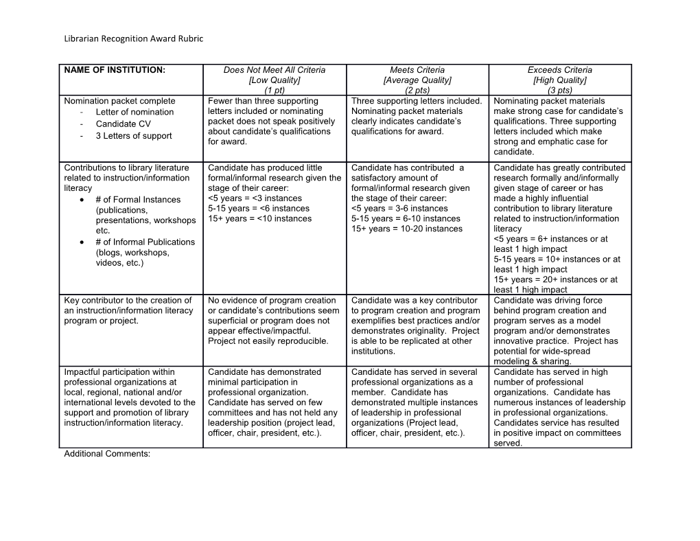 Librarian Recognition Award Rubric