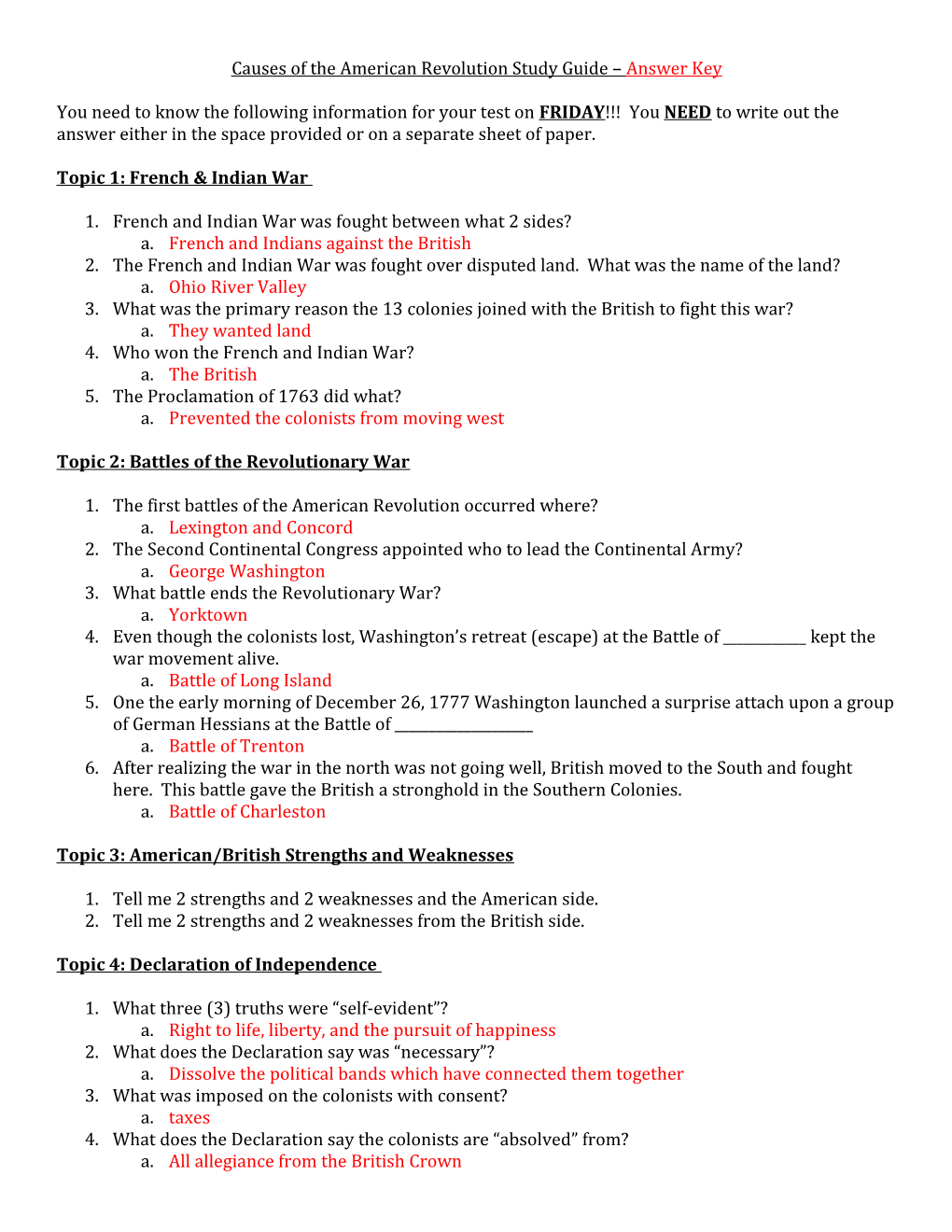 Causes of the American Revolution Study Guide Answer Key