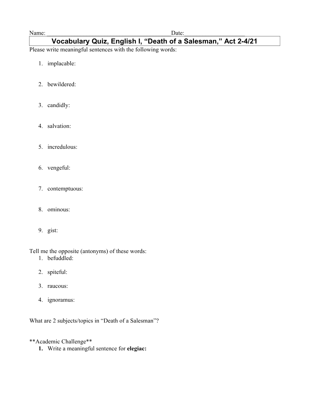Vocabulary Quiz, English I, Death of a Salesman, Act 2-4/21
