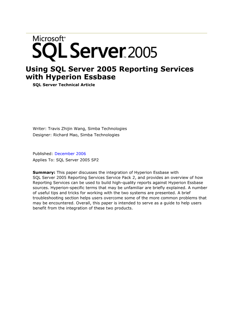 Using SQL Server 2005 Reporting Services with Hyperion Essbase