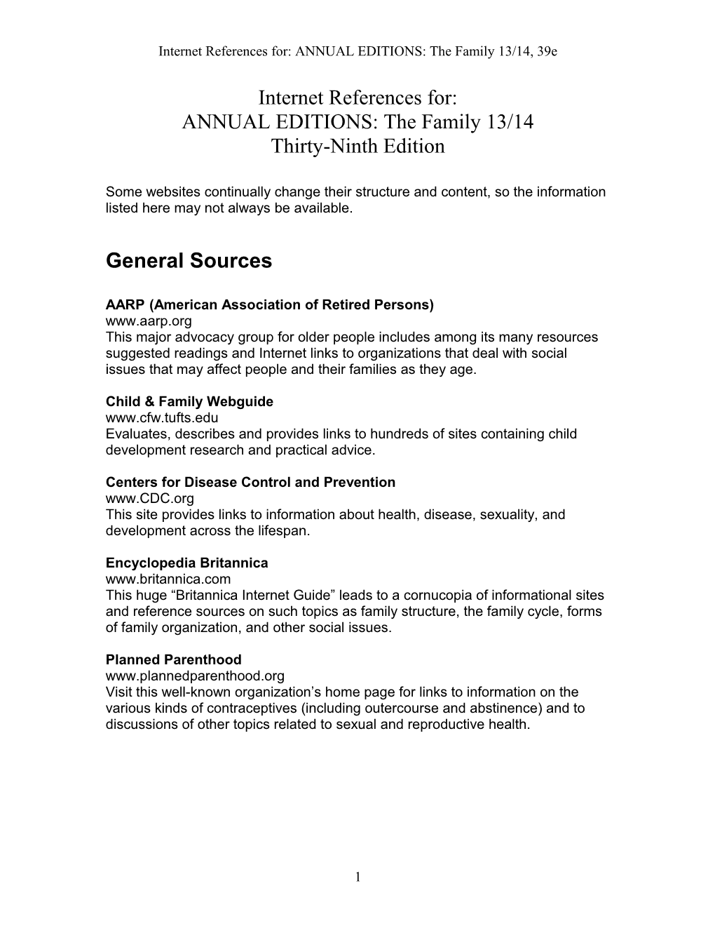 Internet References For:ANNUAL EDITIONS: the Family 13/14, 39E