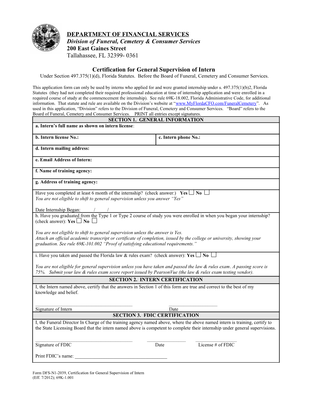 Application for Funeral Director License by Internship & Examination