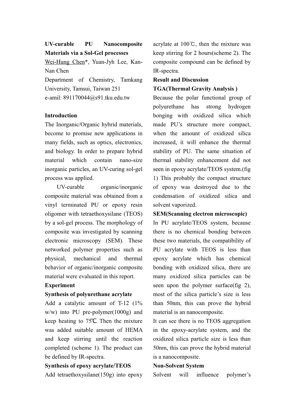 UV-Curable PU Nanocomposite Materials Via a Sol-Gel Processes